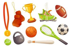 sport équipement ensemble graphique éléments dans plat conception. paquet de , or médaille, boxeur gants, championnat tasse, baskets, base-ball balle, tennis raquette et autre. vecteur illustration isolé objets