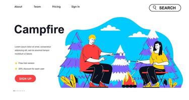 feu de camp camping concept pour atterrissage page modèle. homme et femme frites guimauves à site de camp dans forêt. Extérieur activité gens scène. vecteur illustration avec plat personnage conception pour la toile bannière