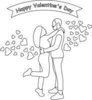 valentines journée ligne art illustration, l'amour jour, couple avec ballon cœur, vecteur illustration dans dessin animé style.