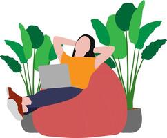 femme est séance sur une chaise à Accueil avec une portable ordinateur, éloigné travail, Bureau à maison, la programmation, free-lance, étude à maison, plat vecteur illustration
