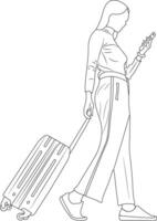 une Jeune femme avec une valise va sur vacances. fille avec une valise avec mobile. Voyage concept, ligne art vecteur illustration.