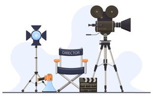 réalisateur film ensembles. film caméra, réalisateur chaise, mégaphone et clap, film réalisateur cinéma concept. film production vecteur illustration