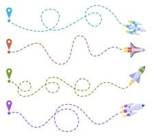 fusée ligne itinéraire. espace Voyage pointillé ligne trace, vaisseau spatial navire itinéraires, en volant Navette. aérospatial fusées à pois ligne route vecteur illustration