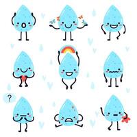 mignonne l'eau gouttes. main tiré content l'eau gouttes, gouttes de pluie, kawaii aqua gouttelettes, l'eau gouttes visage expressions personnage vecteur illustration ensemble