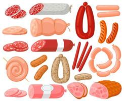 Viande saucisses. dessin animé poulet, porc, du boeuf saucisses et salami saucisses, épicerie Viande chaud chiens. saucisses assortiment vecteur illustration ensemble