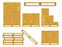 cargaison boîte empiler. carton livraison emballage des boites sur en bois palette, empilés papier carton emballer, entrepôt espace de rangement des boites pile vecteur illustration ensemble