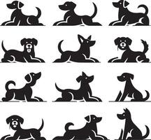 minimal ensemble de une chien allonger vers le bas différent pose vecteur icône dans plat style noir Couleur silhouette, séparé chaque élément, blanc Contexte 13