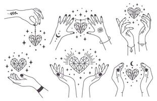 mystique cristal cœurs. magique mains garder cristal cœurs, spirituel la sorcellerie bras avec gemmes. la magie ésotérique mains vecteur illustration ensemble