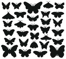 papillons silhouettes. main tiré papillon, dessin insecte graphique. noir dessin papillons silhouettes isolé vecteur illustration ensemble