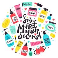 griffonnage produits de beauté outils. faire en haut, peau se soucier beauté des produits, toner, lotion, rouge à lèvres et sérum, maquillage concept vecteur Contexte illustration