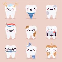 mignonne les dents mascottes. dentaire les dents personnages avec dentisterie problèmes, traitements, dent soins de santé et hygiène vecteur illustration symboles ensemble
