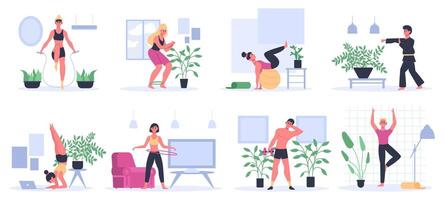 aptitude à maison. gens faire de l'exercice, entraine toi yoga, homme faire des exercices avec haltère, athlétique femmes Accueil faire des exercices Activités vecteur illustration ensemble