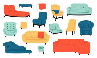 les fauteuils et canapés. moderne confortable doux meubles, canapé, canapé, tabouret et chaise. vivant pièce intérieur décoration vecteur illustration ensemble