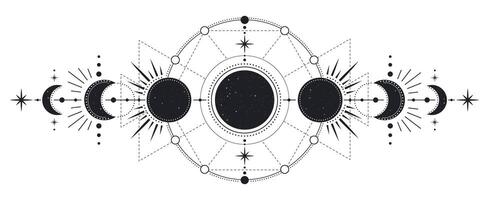 lune étapes. mystérieux clair de lune activité étapes, main tiré sacré géométrie lune, la magie astrologie symboles, phases de lune vecteur illustration