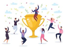 Succès célébrer équipe. sauter gagnants équipe célébrer la victoire, d'or tasse gagne décerner, content réussi affaires équipe vecteur illustration