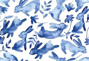 sans couture modèle avec silhouettes de Pâques lapins et fleurs. bleu aquarelle dessin vecteur