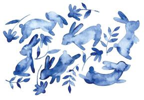 silhouettes de Pâques lapins et fleurs. bleu aquarelle dessin vecteur