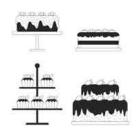 décoré Gâteaux sur des stands noir et blanc 2d ligne dessin animé objets ensemble. desserts boutique isolé vecteur contour articles collection. confiserie magasin un service monochromatique plat place des illustrations