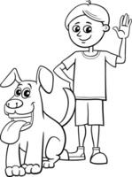 dessin animé garçon personnage avec le sien animal de compagnie chien coloration page vecteur