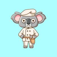 mignonne koala chef cuisinier servir nourriture animal chibi personnage mascotte icône plat ligne art style illustration concept dessin animé vecteur