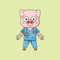 mignonne porc médecin médical personnel chibi personnage mascotte icône plat ligne art style illustration concept dessin animé vecteur