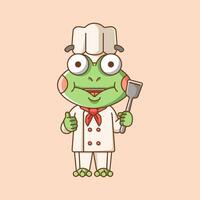mignonne grenouille chef cuisinier servir nourriture animal chibi personnage mascotte icône plat ligne art style illustration concept dessin animé vecteur