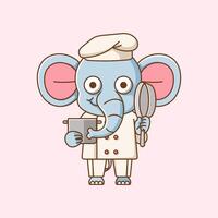 mignonne l'éléphant chef cuisinier servir nourriture animal chibi personnage mascotte icône plat ligne art style illustration concept dessin animé vecteur