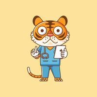 mignonne tigre médecin médical personnel chibi personnage mascotte icône plat ligne art style illustration concept dessin animé vecteur