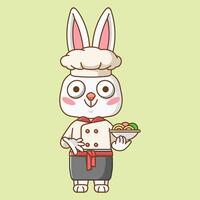 mignonne lapin chef cuisinier servir nourriture animal chibi personnage mascotte icône plat ligne art style illustration concept dessin animé vecteur