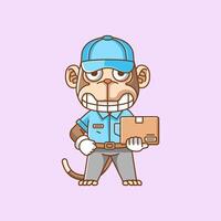 mignonne singe courrier paquet livraison animal chibi personnage mascotte icône plat ligne art style illustration concept dessin animé vecteur