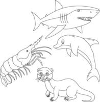 aquatique animaux clipart ensemble. mer animaux de requin, loutre, dauphin, crevette vecteur