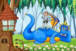 dragon et chevalier sur fond de forêt enchantée vecteur