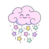 mignonne dessin animé nuage avec une souriant visage il pleut avec étoiles. vecteur des gamins dessin, illustraion