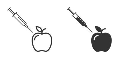 Pomme et seringue icône. génétiquement modifié pommes. vecteur illustration.