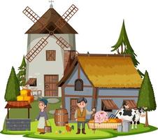 maison médiévale avec villageois et animaux de la ferme vecteur