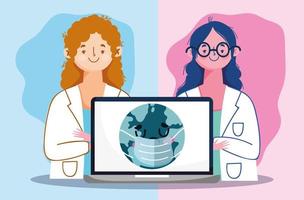 médecin en ligne, femmes médecins avec ordinateur portable monde connecté covid 19 vecteur
