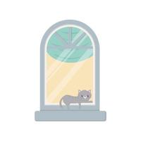 Chat au repos sur la fenêtre de la maison icône isolé sur fond blanc vecteur