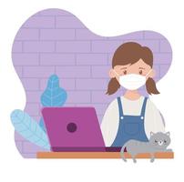 rester à la maison, fille avec ordinateur portable masque et chat étudiant vecteur