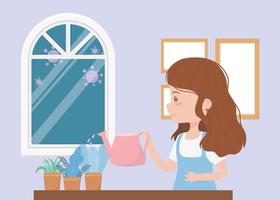 rester à la maison, femme souriante avec des plantes passe-temps de jardinage dans la chambre vecteur