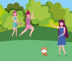 femme marchant avec un chien et des filles faisant du yoga dans le parc vecteur
