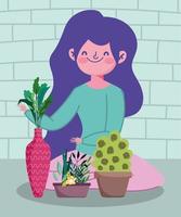 fille avec des plantes en pot jardinage, quarantaine rester à la maison vecteur