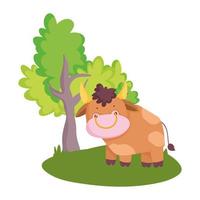 animaux de la ferme taureau dans l'herbe avec dessin animé arbre vecteur