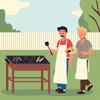 hommes cuisinant de la viande grillée vecteur