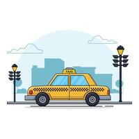 Jaune Taxi voiture sur ville vecteur illustration. Taxi un service concept conception