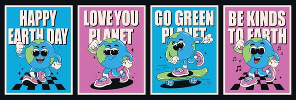 branché affiches avec bande dessinée personnages de le Terre. mignonne rétro personnages Terre journée concept. l'amour et enregistrer le planète. vecteur illustration.