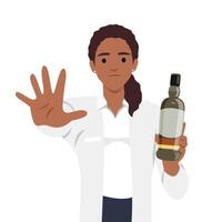 Jeune femme médecin demander non ou Arrêtez à de l'alcool car il est mauvais pour la santé vecteur