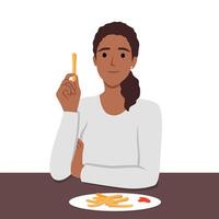 femme mange français frites sans pour autant en pensant à propos santé des risques vecteur