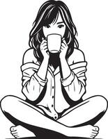 femme boisson café à Accueil esquisser dessin. vecteur