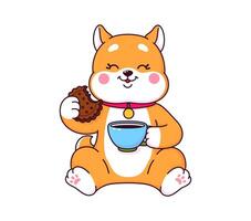 dessin animé Japonais shiba inu avec café et Donut vecteur
