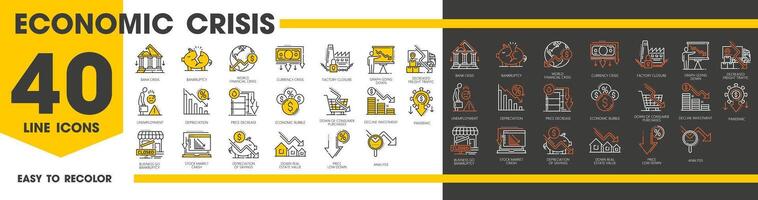 économique crise et argent perte ralentissement ligne Icônes vecteur